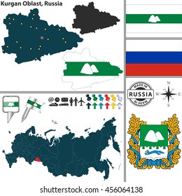 Vector map of Kurgan Oblast with coat of arms and location on Russian map