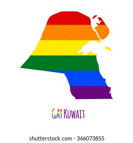 Vector map of Kuwait in LGBT (lesbian, gay, bisexual, and transgender) flag colors and GAY Kuwait caption on white background. Rainbow flag with denim textile texture.