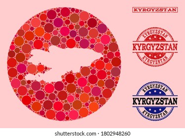 Vector map of Kyrgyzstan collage of round blots and red scratched stamp. Stencil round map of Kyrgyzstan collage designed with circles in different sizes, and red color tinges.