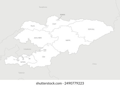 Vector map of Kyrgyzstan with regions and administrative divisions, and neighbouring countries and territories. Editable and clearly labeled layers.