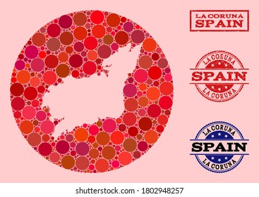 Mapa vectorial de la provincia de La Coruña de manchas redondas y estampado rayado rojo. Mapa redondo de resta del collage de la provincia de La Coruna compuesto por círculos de varios tamaños y tintes de color rojo.