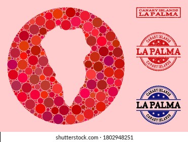 Vector map of La Palma Island mosaic of round elements and red watermark seal stamp. Stencil circle map of La Palma Island collage composed with circles in variable sizes, and red color tinges.