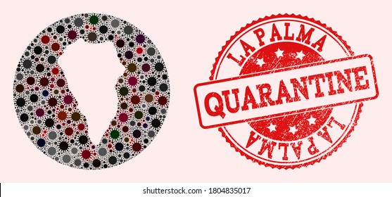 Vector map of La Palma Island collage of coronavirus and red grunge quarantine seal stamp. Infection cells attack the quarantine territory from outside.