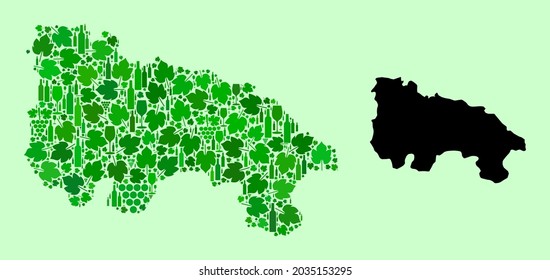 Vector Map of La Rioja Spanish Province. Combination of green grape leaves, wine bottles. Map of La Rioja Spanish Province collage designed from bottles, grapes, green leaves.