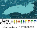 Vector map of Lake Ontario with countries, big cities and icons