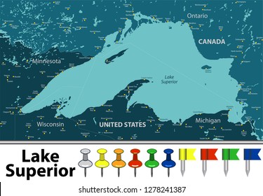 Vector map of Lake Superior with countries, big cities and icons