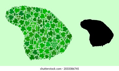 Vector Map of Lanai Island. Collage of green grape leaves, wine bottles. Map of Lanai Island collage created with bottles, grapes, green leaves. Abstract collage designed for patriotic agitation.