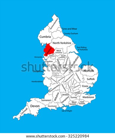 Vector map of Lancashire in North West England, United Kingdom with regions. England vector map. 
