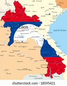 Vector map of Laos country colored by national flag