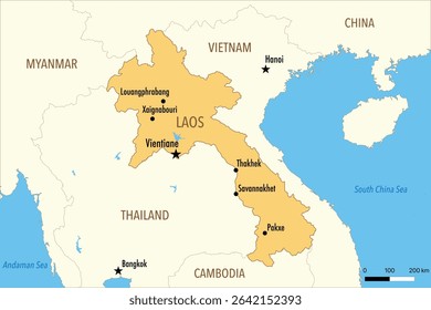 Vector Map of Laos with Major Cities and Neighboring Countries – Editable Illustration
