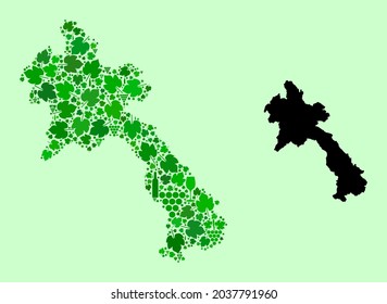 Vector Map of Laos. Mosaic of green grapes, wine bottles. Map of Laos collage designed with bottles, berries, green leaves. Abstract collage is designed for marketing illustrations.