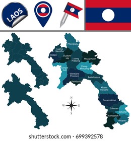 Vector map of Laos with named provinces and travel icons