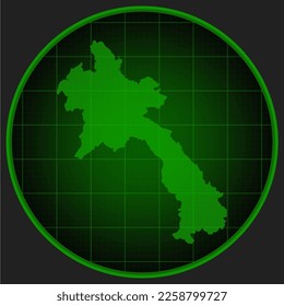 Vector map Laos on the radar screen with a green grid. Template Asia country on monitor radar for pattern, report, background. Technology concept boundary Laos for news, infographic, army