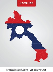 Mapa vetorial do Laos mostrando províncias, fronteiras e regiões com divisões claras e coloridas, ideais para fins educacionais, infográficos ou de viagem.