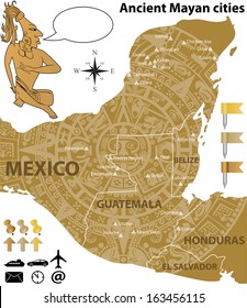 Vector map of the largest Mayan cities with ancient calendar