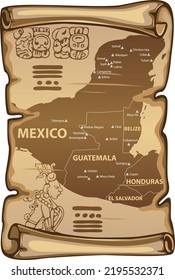 Vector map of the largest Mayan cities on vintage scroll