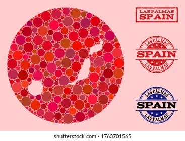 Vector map of Las Palmas Province mosaic of circle spots and red scratched seal. Hole circle map of Las Palmas Province collage designed with circles in variable sizes, and red color tinges.