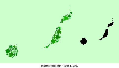 Vector Map of Las Palmas Province. Composition of green grape leaves, wine bottles. Map of Las Palmas Province collage designed from bottles, berries, green leaves.