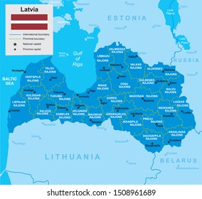 vector map of Latvia with borders of regions and flag in blue tones 