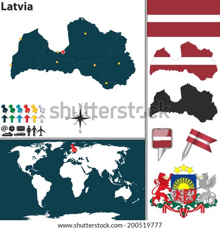 Vector map of Latvia with coat of arms and location on world map