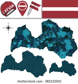 Vector map of Latvia with named divisions and travel icons. Valid since 1st July 2009