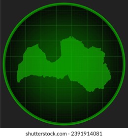 Vector map Latvia on the radar screen with a green grid. Template Europe country on monitor radar for pattern, report, background. Technology concept boundary Latvia for news, infographic, army