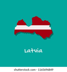 Vector map of Latvia painted in the colors of the flag. The country's borders with shadow. Isolated vector illustration.