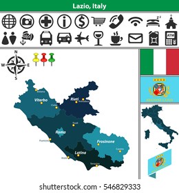 Vector map of Lazio with regions and location on Italy map