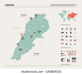 Vector map of Lebanon. High detailed country map with division, cities and capital Beirut. Political map,  world map, infographic elements.  