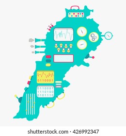 Vector of Map of Lebanon like a cute apparatus with buttons, panels and levers. Isolated. White background.