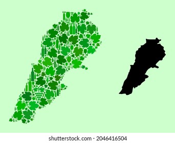Vector Map of Lebanon. Mosaic of green grapes, wine bottles. Map of Lebanon collage designed from bottles, grapes, green leaves. Abstract mosaic is designed for patriotic collages.