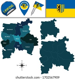 Vector map of Leipzig, Germany with named districts and travel icons