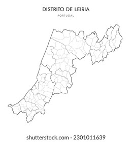 Karte des Bezirks Leiria (Distrito de Leiria) mit Verwaltungsgrenzen von Subregionen, Gemeinden (Concelhos) und Gemeindebezirken (Freguesias) ab 2023 - Portugal