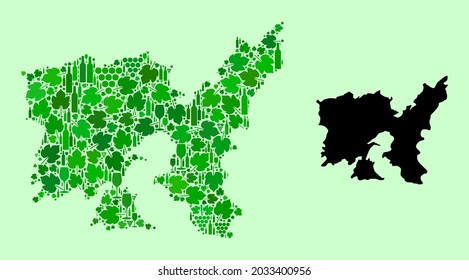 Vector Map of Lemnos Island. Mosaic of green grapes, wine bottles. Map of Lemnos Island mosaic created from bottles, grapes, green leaves. Abstract mosaic designed for patriotic proclamations.