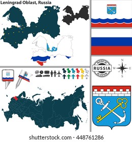 Vector map of Leningrad Oblast with coat of arms and location on Russian map