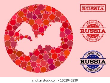 Vector map of Leningrad Region collage of round items and red grunge seal. Stencil circle map of Leningrad Region collage designed with circles in variable sizes, and red color hues.