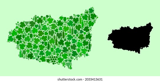 Vector Map of Leon Province. Mosaic of green grapes, wine bottles. Map of Leon Province mosaic composed with bottles, grapes, green leaves. Abstract mosaic designed for alcohol shops promotion.