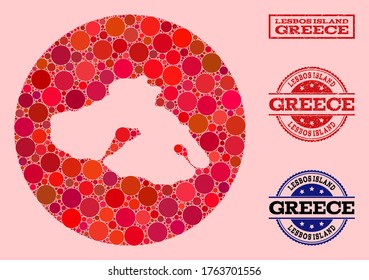 Vector map of Lesbos Island collage of round items and red rubber stamp. Subtraction round map of Lesbos Island collage formed with circles in different sizes, and red shades.