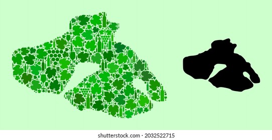 Mapa vectorial de la isla de Lesbos. Collage de uvas verdes, botellas de vino. Mapa del mosaico de la isla de Lesbos diseñado con botellas, uvas, hojas verdes. El mosaico abstracto está diseñado para doctrinas patrióticas.