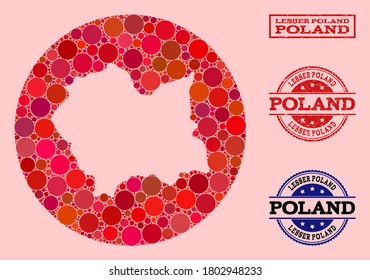 Vector map of Lesser Poland Province mosaic of circle spots and red watermark seal. Hole circle map of Lesser Poland Province collage composed with circles in variable sizes, and red color tinges.