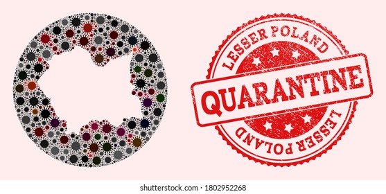 Vector map of Lesser Poland Province collage of coronavirus and red grunge quarantine seal stamp. Infection cells attack the quarantine territory from outside.