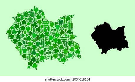 Vector Map of Lesser Poland Province. Combination of green grape leaves, wine bottles. Map of Lesser Poland Province mosaic composed with bottles, grapes, green leaves.