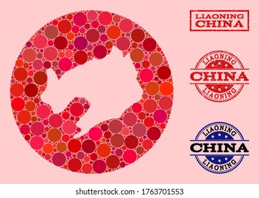 Mapa vectorial de la provincia de Liaoning colage de puntos redondos y sello de sellado de marca de agua roja. Mapa redondo de la resta del collage de la provincia de Liaoning creado con círculos de diferentes tamaños y tintes de color rojo.