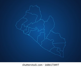 Vector map of Liberia abstract blue line scales on dark background.
