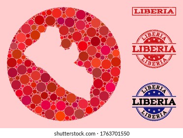 Vektorkarte von Liberia Collage von sphärischen Punkten und roten Gummistempeln. Rundkarte von Liberia mit Kreisen in verschiedenen Größen und roten Farbtönen.