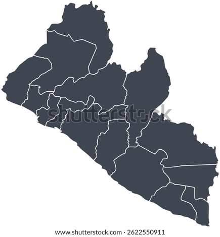 Vector map of Liberia showing all regions with clearly defined borders and country outline. Grey color scheme with dark contours. Ideal for educational, infographic, and professional use.