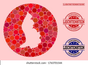 Vector map of Liechtenstein collage of circle elements and red scratched seal. Hole circle map of Liechtenstein collage designed with circles in different sizes, and red color tones.
