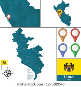 Vector map of Lima with named districts, pins icons and locations on Peruvian map