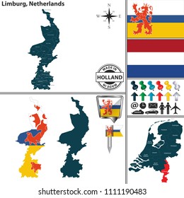 Vector map of Limburg region and location on Dutch map