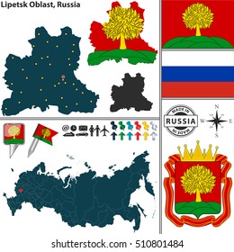 Vector map of Lipetsk Oblast with coat of arms and location on Russian map